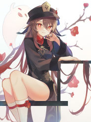 Rule 34 | 1girl, 7aka ne11, boo tao (genshin impact), branch, breasts, brown coat, brown hair, brown hat, brown shorts, cheek rest, coat, feet out of frame, flower, genshin impact, hair between eyes, hat, highres, hu tao (genshin impact), long hair, long sleeves, looking at viewer, parted lips, plum blossoms, porkpie hat, red eyes, red flower, short shorts, shorts, sidelocks, sitting, small breasts, smile, socks, solo, thighs, white background, white socks
