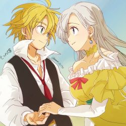 Rule 34 | 1boy, 1girl, black vest, blonde hair, blue eyes, choker, closed mouth, collarbone, dress, earrings, elizabeth liones, eye contact, floating hair, green eyes, jewelry, layered sleeves, long hair, long sleeves, looking at another, meliodas, nanatsu no taizai, necktie, off-shoulder dress, off shoulder, parted lips, red necktie, short hair, short over long sleeves, short sleeves, silver hair, sketch, smile, spring (mmm 15250), twitter username, vest, yellow choker, yellow dress