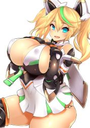 Rule 34 | 1girl, bad id, bad twitter id, blonde hair, blue eyes, breasts, covered erect nipples, fang, gene (pso2), highres, huge breasts, looking at viewer, nuezou, o-ring, o-ring bottom, phantasy star, phantasy star online 2, skindentation, smile, solo, thick thighs, thighs, twintails