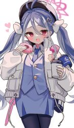 Rule 34 | 1girl, antenna hair, black pantyhose, blue archive, blue hair, blue necktie, blue skirt, blue vest, coffee cup, collared shirt, cowboy shot, cup, disposable cup, doughnut, food, fubuki (blue archive), hair between eyes, hair ornament, hairclip, halo, heart, heart hair ornament, highres, holding, holding cup, holding doughnut, jacket, karunabaru, long sleeves, miniskirt, multicolored hair, neck ribbon, necktie, open mouth, pantyhose, pencil skirt, pink halo, police, police uniform, policewoman, puffy long sleeves, puffy sleeves, red eyes, ribbon, shirt, simple background, skirt, solo, streaked hair, twintails, two-tone hair, uniform, vest, waistcoat, white background, white hair, white jacket, white ribbon, white shirt