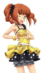 Rule 34 | 00s, 1girl, bare shoulders, brown hair, green eyes, heart, heart hands, idolmaster, idolmaster (classic), live for venus, one eye closed, open mouth, short hair, skirt, solo, takatsuki yayoi, takayaki, twintails, wink