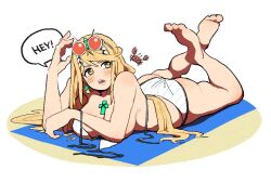Rule 34 | 1girl, beach towel, bikini, blonde hair, blush, chest jewel, convenient censoring, crab, feet up, hachinos ssb, long hair, lying, mythra (xenoblade), on stomach, round eyewear, solo, speech bubble, sunglasses, swept bangs, swimsuit, the pose, towel, untied bikini top, white bikini, xenoblade chronicles (series), xenoblade chronicles 2, yellow eyes