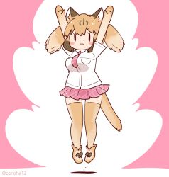 Rule 34 | 1girl, animal ears, arms up, brown hair, cat ears, cat girl, cat tail, coroha, elbow gloves, extra ears, full body, gloves, jumping, kemono friends, kemono friends 3, long hair, looking at viewer, necktie, pink background, puma (kemono friends), shirt, shoes, simple background, skirt, solo, tail, thighhighs, twintails