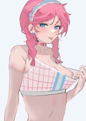 Rule 34 | 1girl, absurdres, arknights, blue eyes, blue poison (arknights), blue poison (shoal beat) (arknights), bra, bra pull, braid, breasts, choker, clothes pull, collarbone, commentary request, hairband, highres, long hair, medium breasts, nipples, official alternate costume, pink choker, pink hair, rosehip t72, scales, simple background, small breasts, solo, sports bra, sports bra pull, tongue, tongue out, twin braids, underwear, upper body, white background, white sports bra