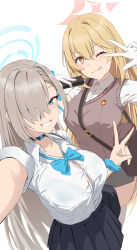 Rule 34 | + +, 2girls, asuna (blue archive), black skirt, blonde hair, blue archive, blue eyes, blue ribbon, blush, breasts, brown eyes, brown sweater vest, choker, collared shirt, dress shirt, elbow gloves, gloves, grey skirt, grin, hair over one eye, hair ribbon, halo, highres, large breasts, light brown hair, long hair, looking at viewer, multiple girls, one eye closed, pleated skirt, ribbon, school uniform, scrunchie, shirt, shokuhou misaki, short sleeves, silver bullet (ecc12 8), skirt, sleeves rolled up, smile, solo, sweater vest, symbol-shaped pupils, toaru majutsu no index, tokiwadai school uniform, tongue, tongue out, very long hair, white gloves, white shirt, wrist scrunchie