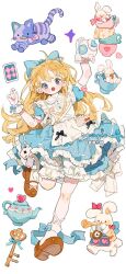 Rule 34 | 1girl, ahoge, alice in wonderland, apron, blonde hair, bloomers, blue bow, blue dress, blue sleeves, bow, bow legwear, brown footwear, buttons, card, cat, collared shirt, commentary, cup, dress, english commentary, footwear bow, frilled dress, frilled shirt collar, frills, full body, gloves, hair bow, heart, heart-shaped pupils, highres, holding, holding teapot, instrument, key, leg ribbon, leg up, long hair, mary janes, music, original, pink bow, playing instrument, puffy short sleeves, puffy sleeves, putong xiao gou, rabbit, ribbon, sample watermark, shirt, shoes, short dress, short sleeves, single glove, single wrist cuff, socks, solo, symbol-shaped pupils, teacup, teapot, trumpet, twitter username, underwear, very long hair, watermark, white apron, white background, white bloomers, white gloves, white ribbon, white shirt, white socks, white wrist cuffs, wrist bow, wrist cuffs, yellow bow