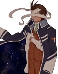 Rule 34 | 1boy, ace attorney, antenna hair, apollo justice, bandage over one eye, bandaged arm, bandaged hand, bandages, blue coat, bracelet, brown hair, coat, coat on shoulders, collared shirt, green necktie, highres, jewelry, long shirt, long sleeves, male focus, necktie, pants, parted lips, phoenix wright: ace attorney - dual destinies, red pants, red vest, renshu usodayo, shirt, short hair, simple background, solo, space, sparkle, vest, white background, white shirt