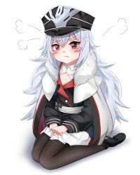Rule 34 | 1girl, azur lane, black footwear, black pantyhose, blush, brown eyes, coat, commentary request, cross, detached collar, fur-trimmed coat, fur trim, hair between eyes, hat, iron cross, keicyanyan, long hair, long sleeves, looking at viewer, pantyhose, peaked cap, pleated skirt, pout, shoes, sidelocks, silver hair, simple background, sitting, skirt, solo, tearing up, v-shaped eyebrows, v arms, wariza, white background, white skirt, zeppy (azur lane)