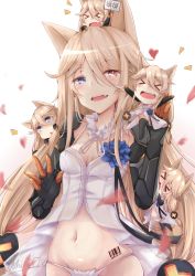 Rule 34 | &gt; &lt;, 4girls, animal ears, babydoll, barcode, barcode tattoo, blonde hair, blue eyes, blurry, blush, chibi, depth of field, fang, g41 (girls&#039; frontline), girls&#039; frontline, hair between eyes, hair bobbles, hair ornament, hakuya (white night), half-closed eyes, heterochromia, holding, holding sign, long hair, looking at viewer, mechanical arms, multiple girls, navel, on head, open mouth, panties, petals, red eyes, sign, simple background, single mechanical arm, smile, tattoo, teeth, underwear, upper body, very long hair, white background, white panties