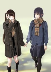 Rule 34 | 2girls, absurdres, bad id, bad pixiv id, black coat, black footwear, black hair, black legwear, black skirt, blue coat, blunt bangs, brown scarf, closed eyes, coat, commentary request, highres, hiramedousa, holding hands, long hair, long sleeves, mask, mouth mask, multiple girls, original, pantyhose, plaid, plaid scarf, pleated skirt, scarf, shoes, skirt, socks, twintails, very long hair, white mask, yuri