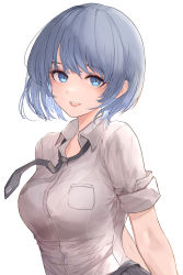 Rule 34 | 1girl, :d, absurdres, asaikeu, black necktie, black skirt, blue eyes, blue hair, breasts, commentary request, highres, looking at viewer, necktie, open mouth, original, shirt, short hair, simple background, skirt, sleeves rolled up, smile, solo, teeth, upper body, upper teeth only, white background, white shirt