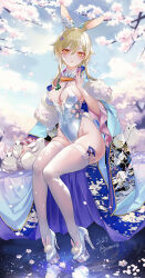 Rule 34 | 1girl, absurdres, animal ears, animal print, blonde hair, bow, bowtie, breasts, cleavage, dated, detached collar, ear flower, feather boa, flower, full body, genshin impact, hair between eyes, high heels, highres, large breasts, leotard, looking at viewer, lumine (genshin impact), medium hair, parted lips, petals, petting, playboy bunny, pottsness, rabbit, rabbit ears, rabbit print, sitting, solo, strapless, strapless leotard, thighhighs, twitter username, white flower, white thighhighs, yellow eyes