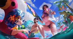 Rule 34 | 2boys, 2girls, :p, armband, ball, beachball, beard, bikini, bird, blue hair, blue male swimwear, blue sky, blue swim trunks, breasts, brown hair, caitlyn (league of legends), cleavage, day, facial hair, flamingo, flower, graves (league of legends), green eyes, green one-piece swimsuit, hair flower, hair ornament, hat, headphones, heterochromia, highres, lao wang, league of legends, long hair, male swimwear, medium breasts, multiple boys, multiple girls, mustache, navel, one-piece swimsuit, open clothes, outdoors, partially submerged, pointing, pointing at viewer, pool, pool party caitlyn, pool party graves, pool party renekton, pool party zoe, poolside, purple eyes, purple hair, red male swimwear, red swim trunks, renekton, sharp teeth, short hair, sitting, sky, sunglasses, swim trunks, swimsuit, tank top, teeth, tongue, tongue out, topless male, tree, water, water gun, zoe (league of legends)