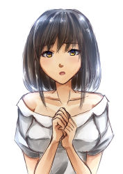 Rule 34 | 1girl, :o, breasts, brown hair, collarbone, grey shirt, highres, i.takashi, looking at viewer, medium breasts, medium hair, oekaki, off-shoulder shirt, off shoulder, open mouth, original, own hands together, shirt, sketch, solo, upper body, yellow eyes