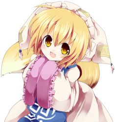 Rule 34 | 1girl, :3, blonde hair, child, fang, female focus, fox tail, from above, hands in opposite sleeves, hat, short hair, solo, tail, touhou, yakumo ran, yellow eyes, aged down, yukimiya (parupunta)