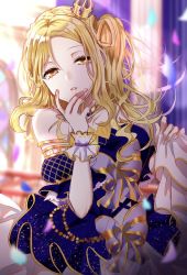 Rule 34 | 1girl, alternate hairstyle, artist name, artist request, bare shoulders, blonde hair, blue dress, blush, braid, breasts, brown eyes, cleavage, collarbone, crown braid, dress, drill hair, female focus, gloves, hair rings, highres, holding, holding clothes, holding skirt, jewelry, looking at viewer, love live!, love live! school idol festival, love live! school idol festival all stars, love live! sunshine!!, medium breasts, miniskirt, nakai rei, necklace, ohara mari, parted lips, short hair, skirt, smile, solo, striped clothes, striped gloves, wand, white gloves, white skirt, yellow eyes