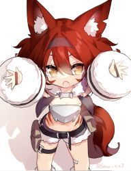Rule 34 | 1girl, animal ear fluff, animal ears, armor, arms up, belt, belt buckle, black belt, black hairband, breastplate, breasts, brown eyes, buckle, cleavage, commentary request, facial mark, fang, fox ears, fox girl, fox tail, from above, hair between eyes, hairband, looking at viewer, looking up, navel, open mouth, original, red hair, saru, short shorts, shorts, slit pupils, small breasts, solo, standing, tail, twitter username, white background, white shorts