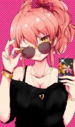 Rule 34 | 1girl, absurdres, bare shoulders, blue nails, blush, bow, bracelet, breasts, cellphone, cleavage, earrings, grin, hair bow, highres, idolmaster, idolmaster cinderella girls, jewelry, jougasaki mika, looking at viewer, nail polish, necklace, one eye closed, phone, pink hair, ring, ryuu., side ponytail, smartphone, smile, solo, sunglasses, yellow eyes