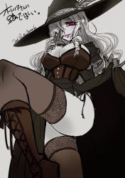 Rule 34 | 1girl, 2016, aurelia (dorei to no seikatsu), black gloves, black thighhighs, boots, breasts, cleavage, clothes lift, corset, cross-laced footwear, dated, dorei to no seikatsu ~teaching feeling~, drill hair, eyeshadow, from below, gloves, grey background, hair over one eye, hand on own face, hat, hat feather, highres, knee boots, large breasts, leg up, lifted by self, lipstick, long hair, looking at viewer, makeup, monako (monaperon), pale skin, panties, purple lips, red eyes, side-tie panties, simple background, skirt, skirt lift, smile, solo, thighhighs, thighs, underwear, wavy hair