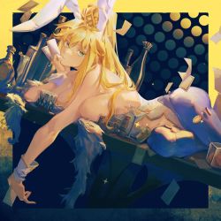 Rule 34 | 1girl, absurdres, ahoge, animal ears, artoria pendragon (all), artoria pendragon (fate), artoria pendragon (swimsuit ruler) (fate), bare shoulders, blonde hair, blue neckwear, blue pantyhose, bottle, braid, breasts, card, cleavage, clothing cutout, cocktail glass, cup, detached collar, drinking glass, fake animal ears, fate/grand order, fate (series), feather boa, fishnet pantyhose, fishnets, french braid, green eyes, hair between eyes, highleg, highleg leotard, highres, large breasts, leotard, long hair, lying, navel, navel cutout, necktie, on side, pantyhose, playboy bunny, playing card, poker chip, ponytail, rabbit ears, sidelocks, sin node, sparkle, thighs, tiara, white leotard, wrist cuffs