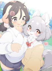 Rule 34 | 2girls, animal ears, black hair, black legwear, blue skirt, blush, bob cut, brown eyes, cardigan, dog ears, dog girl, dog tail, female focus, flying sweatdrops, furry, furry female, grey hair, hair ornament, hairclip, highres, lens flare, looking at viewer, low twintails, multiple girls, open mouth, original, outdoors, pleated skirt, selfie, skirt, sweat, tail, tanuki chanday0, thighhighs, twintails