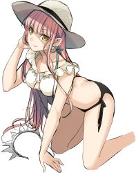 Rule 34 | 1girl, adjusting hair, aono shimo, ass, bad id, bad twitter id, bent over, bikini, bikini bottom only, black bikini, breasts, butt crack, casual, center opening, closed mouth, collarbone, earrings, fate/grand order, fate (series), fedora, frills, hair ornament, hairband, hat, highres, jewelry, long hair, medb (fate), pink hair, solo, swimsuit, unworn hair ornament, white background, yellow eyes