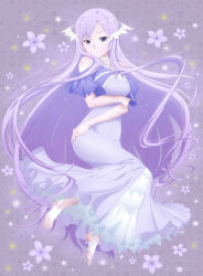 Rule 34 | 1girl, absurdres, bare arms, bare shoulders, barefoot, barefoot sandals (jewelry), dress, feet, floating hair, floral background, flower, highres, long dress, long hair, looking at viewer, peri (qq2748089832), purple eyes, purple flower, purple hair, quinella, sword art online, sword art online: alicization, thighs, very long hair