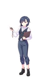 Rule 34 | 1girl, black footwear, black hair, black vest, boots, full body, grey pants, highres, holding, holding notepad, holding stopwatch, kiryuuin aoi, long sleeves, looking at viewer, notepad, official art, pants, purple eyes, shirt, short hair, solo, stopwatch, transparent background, umamusume, vest, white shirt