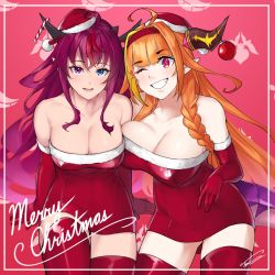 Rule 34 | 2girls, ahoge, alternate costume, black horns, breasts, candy, candy cane, christmas, clenched teeth, dasdokter, dragon girl, dragon horns, dragon tail, dress, elbow gloves, eyebrows, fang, food, gloves, heterochromia, highres, hololive, hololive english, horns, irys (hololive), kiryu coco, large breasts, medium breasts, multicolored hair, multiple girls, open mouth, orange hair, pink background, pointy ears, purple eyes, purple hair, red dress, red gloves, red hair, red legwear, santa dress, smile, streaked hair, tail, teeth, thighhighs, thighs, virtual youtuber