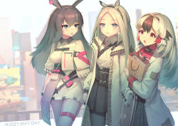 Rule 34 | 2021, 3girls, absurdres, animal ears, april (arknights), arknights, bad id, bad pixiv id, bag, black hair, black skirt, coat, commentary, cowboy shot, dress, grey eyes, heavyrain (arknights), highres, holding, holding bag, jean.organ, long hair, looking at viewer, multicolored hair, multiple girls, open clothes, open coat, open mouth, parted lips, rabbit ears, rabbit girl, shirt, short sleeves, silver hair, skirt, snowsant (arknights), standing, thigh strap, thighs, white coat, white dress, white shirt