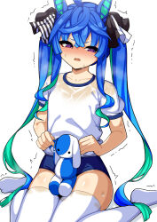 Rule 34 | 1girl, ahoge, animal ears, ao (user xcnx5328), aqua hair, black ribbon, blue hair, blush, buruma, commentary request, frown, gym shirt, gym uniform, hair ribbon, half-closed eyes, holding, holding stuffed toy, horse ears, horse girl, korean commentary, long hair, looking at viewer, multicolored hair, no shoes, open mouth, purple eyes, ribbon, see-through, shirt, short sleeves, sidelocks, simple background, solo, stuffed animal, stuffed rabbit, stuffed toy, sweat, t-shirt, thighhighs, trembling, twin turbo (umamusume), twintails, two-tone hair, umamusume, very long hair, wet, wet clothes, wet shirt, white background, white thighhighs