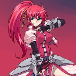 Rule 34 | 00s, 1girl, arm guards, armor, black gloves, blue eyes, braid, buttons, cowboy shot, dress, elbow gloves, fingerless gloves, french braid, gloves, hair ribbon, jacket, laevatein (nanoha), looking to the side, lyrical nanoha, mahou shoujo lyrical nanoha, mahou shoujo lyrical nanoha a&#039;s, open clothes, open jacket, pink hair, ponytail, red background, red dress, ribbon, signum, simple background, solo, waist cape