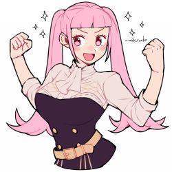 Rule 34 | 1girl, artist name, ascot, belt, blunt bangs, blush, breasts, buttons, clenched hands, commentary, do m kaeru, double-breasted, female focus, fire emblem, fire emblem: three houses, flexing, garreg mach monastery uniform, hilda valentine goneril, long hair, looking to the side, matching hair/eyes, medium breasts, nintendo, open mouth, pink eyes, pink hair, signature, simple background, smile, solo, sparkle, symbol-only commentary, twintails, upper body, white ascot, white background
