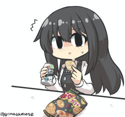 Rule 34 | 1girl, :&gt;, ^^^, absurdres, asashio (kancolle), asashio kai ni (kancolle), bag of chips, black dress, black eyes, black hair, blush, can, chips (food), collared shirt, commission, dress, food, goma (gomasamune), hair between eyes, highres, holding, holding can, holding food, kantai collection, long hair, long sleeves, looking at viewer, nose blush, parted lips, pinafore dress, potato chips, shirt, simple background, skeb commission, sleeveless, sleeveless dress, solo, strong zero, sweat, triangle mouth, twitter username, upper body, very long hair, white background, white shirt
