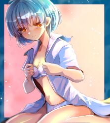 Rule 34 | 1girl, any813, blue border, blue hair, blush, bob cut, border, bra, breasts, cleavage, closed mouth, collarbone, commentary, commission, dress shirt, dutch angle, furrowed brow, gradient background, hair between eyes, highres, iketeru futari, koizumi akira, light particles, looking at viewer, looking to the side, midriff, navel, no pants, open clothes, open shirt, opened by self, orange background, orange eyes, outside border, panties, pink background, sailor collar, school uniform, serafuku, shirt, short hair, sitting, small breasts, solo, underwear, undressing, wariza, white bra, white panties, white sailor collar, white serafuku, white shirt