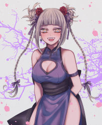 Rule 34 | 10s, 1girl, arms behind back, blonde hair, blush, boku no hero academia, breasts, china dress, chinese clothes, cleavage, cleavage cutout, clothing cutout, double bun, dress, fangs, female focus, flower, grey background, hair bun, hair flower, hair ornament, highres, large breasts, long hair, mikan (artist), open mouth, plant, simple background, solo, standing, toga himiko, tree