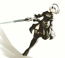 Rule 34 | 1girl, black dress, black footwear, black hairband, blindfold, boots, breasts, brown thighhighs, cleavage, cleavage cutout, clothing cutout, dress, dutch angle, full body, gloves, hairband, holding, holding sword, holding weapon, juliet sleeves, katana, long sleeves, mole, mole under mouth, nier:automata, nier (series), nishikuromori, puffy sleeves, short hair, side slit, solo, sword, thigh boots, thighhighs, weapon, white hair, 2b (nier:automata)