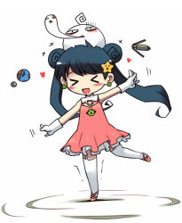 Rule 34 | &gt; &lt;, 1girl, :&lt;, balancing, ballet slippers, black hair, blush, chibi, double bun, dress, earrings, earth (planet), closed eyes, gloves, hair ornament, hairclip, heart, jewelry, nakopapa, footwear ribbon, solo, star (symbol), thighhighs, triangle mouth, twintails