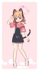 Rule 34 | 1girl, :3, animal ear headphones, animal ears, arm up, blue archive, blush, border, brown hair, cat, cat ear headphones, cat tail, collarbone, dotted line, fake animal ears, fake tail, halo, headphones, highres, looking at viewer, momoi (blue archive), open mouth, overalls, pink background, pink eyes, pink shirt, pink theme, shirt, shoes, short hair, short sleeves, sneakers, solo, tail, white border, yoru nai