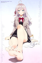 1girl absurdres ahoge alisa_mikhailovna_kujou barefoot black_skirt black_vest blue_eyes character_name clothes_lift collared_shirt feet foot_focus gradient_background grey_hair grey_jacket hair_between_eyes hair_ribbon highres jacket long_sleeves looking_at_viewer lying magazine_scan newtype official_art pleated_skirt ribbon scan school_uniform shirt simple_background sitting skirt skirt_lift soles solo thighs toes tokidoki_bosotto_roshia-go_de_dereru_tonari_no_alya-san vest white_shirt