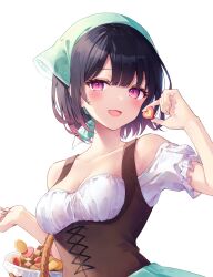 Rule 34 | 1girl, absurdres, bare shoulders, black hair, blush, breasts, cookie, corset, dress, food, hair ornament, highres, holding, holding cookie, holding food, looking at viewer, medium breasts, off-shoulder shirt, off shoulder, open mouth, original, red eyes, shirt, short hair, simple background, smile, solo, tetsu tissue, white background