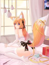 Rule 34 | 1girl, animal ear fluff, animal ears, ass, bedroom, bell, black bow, black panties, black ribbon, blush, bow, box, bridal gauntlets, commentary request, corset, feet, from behind, full body, gift, gift box, hair bell, hair between eyes, hair ornament, hair ribbon, highres, jayamon, legs, long hair, looking at viewer, looking back, no shoes, on bed, orange hair, original, panties, pillow, purple eyes, ribbon, sitting, soles, solo, tail, thighhighs, thighs, underwear, wariza, white thighhighs, window, yellow ribbon