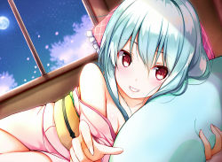 Rule 34 | 1girl, bare shoulders, blue hair, blurry, blurry background, blush, bow, breasts, cleavage, commentary request, cowboy shot, depth of field, dutch angle, fingernails, frilled bow, frills, full body, grin, hair between eyes, hair bow, indoors, japanese clothes, kimono, long hair, lying, na53, night, night sky, obi, off shoulder, on side, open mouth, original, pillow, pink bow, pink kimono, plaid, plaid bow, red eyes, sash, sky, small breasts, smile, solo, star (sky), starry sky, window