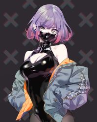 Rule 34 | 1girl, blue jacket, bomber jacket, breasts, character request, chromatic aberration, cleavage, cleavage cutout, clothing cutout, copyright request, gradient hair, grey eyes, hair behind ear, hands in pockets, jacket, leather, leather mask, leotard, mask, medium breasts, mouth mask, multicolored hair, off-shoulder jacket, off shoulder, pantyhose, pink hair, purple hair, short hair, solo, yd (orange maru)