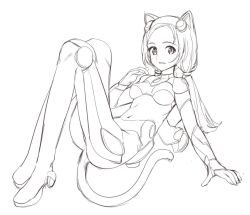 Rule 34 | 1girl, animal ears, bodysuit, breasts, cat ears, cat tail, ejami, full body, greyscale, long hair, looking at viewer, monochrome, navel, original, signature, simple background, solo, tail, twintails, white background