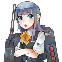 Rule 34 | 10s, 1girl, ascot, bad id, bad twitter id, blue eyes, blue hair, cannon, gloves, hatsukaze (kancolle), hime cut, itomugi-kun, kantai collection, long hair, matching hair/eyes, open mouth, ribbon, school uniform, skirt, solo, torpedo, turret, white gloves