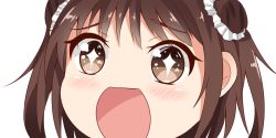 Rule 34 | + +, 10s, 1girl, brown eyes, brown hair, close-up, double bun, hair bun, kantai collection, looking at viewer, nahaki, naka (kancolle), no nose, open mouth, portrait, simple background, sin-poi, solo, sparkling eyes, white background