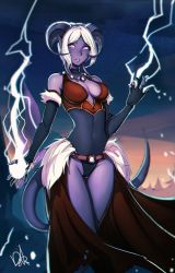 Rule 34 | 1girl, absurdres, bare shoulders, black choker, black gloves, breasts, choker, colored skin, covered navel, distr, draenei, elbow gloves, fingerless gloves, gloves, gluteal fold, hand up, highres, horns, large breasts, lightning, looking at viewer, medium hair, navel, open clothes, open skirt, pink eyes, purple skin, red skirt, skirt, sky, solo, standing, star (sky), starry sky, tail, thigh gap, warcraft, white hair, world of warcraft