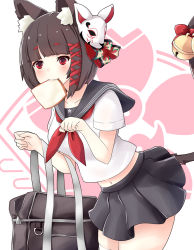 Rule 34 | 1girl, animal ear fluff, animal ears, azur lane, bag, bell, black hair, black skirt, bow, bread slice, breasts, cat ears, cat girl, cat tail, collarbone, commentary request, cowboy shot, fang, food, food in mouth, fox mask, gudon (iukhzl), hair ribbon, jingle bell, leaning forward, looking at viewer, mask, mask on head, medium breasts, midriff, miniskirt, mouth hold, navel, neckerchief, pleated skirt, ribbon, sailor collar, school bag, school uniform, serafuku, shirt, shirt overhang, short hair, short sleeves, skirt, solo, standing, tail, tail bow, tail ornament, thighhighs, toast, toast in mouth, white shirt, white thighhighs, yamashiro (azur lane), yamashiro (street corner offensive!) (azur lane), zettai ryouiki