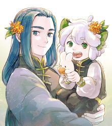 Rule 34 | 2boys, animal ears, blue eyes, blue hair, cat ears, child, chinese clothes, flower, green eyes, hair flower, hair ornament, highres, holding, leaf, long hair, long sleeves, looking at viewer, luo xiaohei, luo xiaohei (human), luo xiaohei zhanji, micho, multiple boys, open mouth, orange flower, short hair, smile, twitter username, white hair, wuxian (the legend of luoxiaohei)
